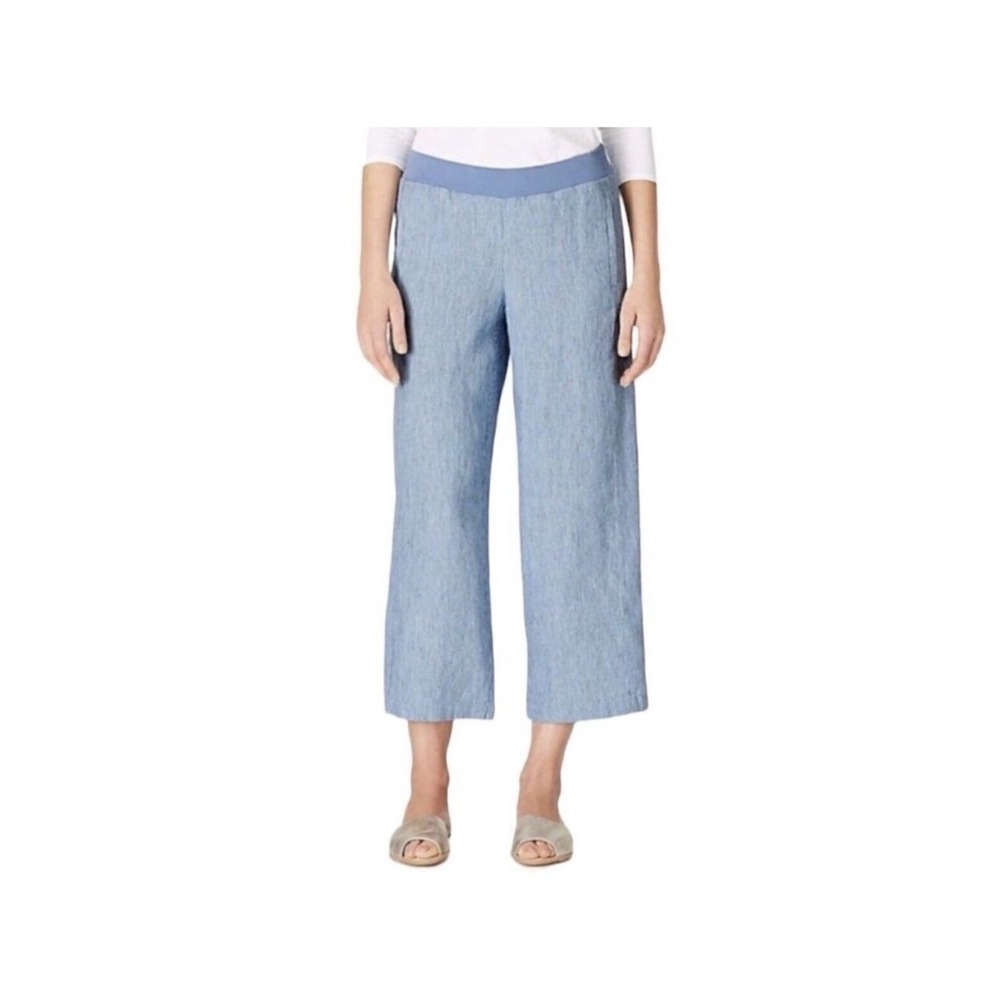 J. Jill Love Linen Cropped Wide Leg Pants Blue Stripe Women's LP Coastal Grandma